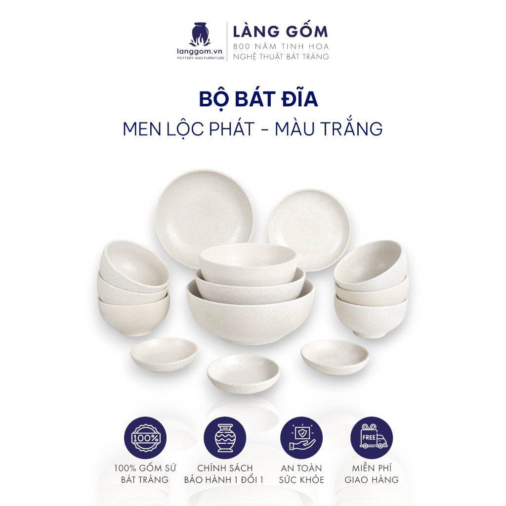  Bộ Bát Đĩa Lộc Phát Gốm Sứ Cao Cấp Men Hỏa Biến Trắng (Bộ 14 Món) 
