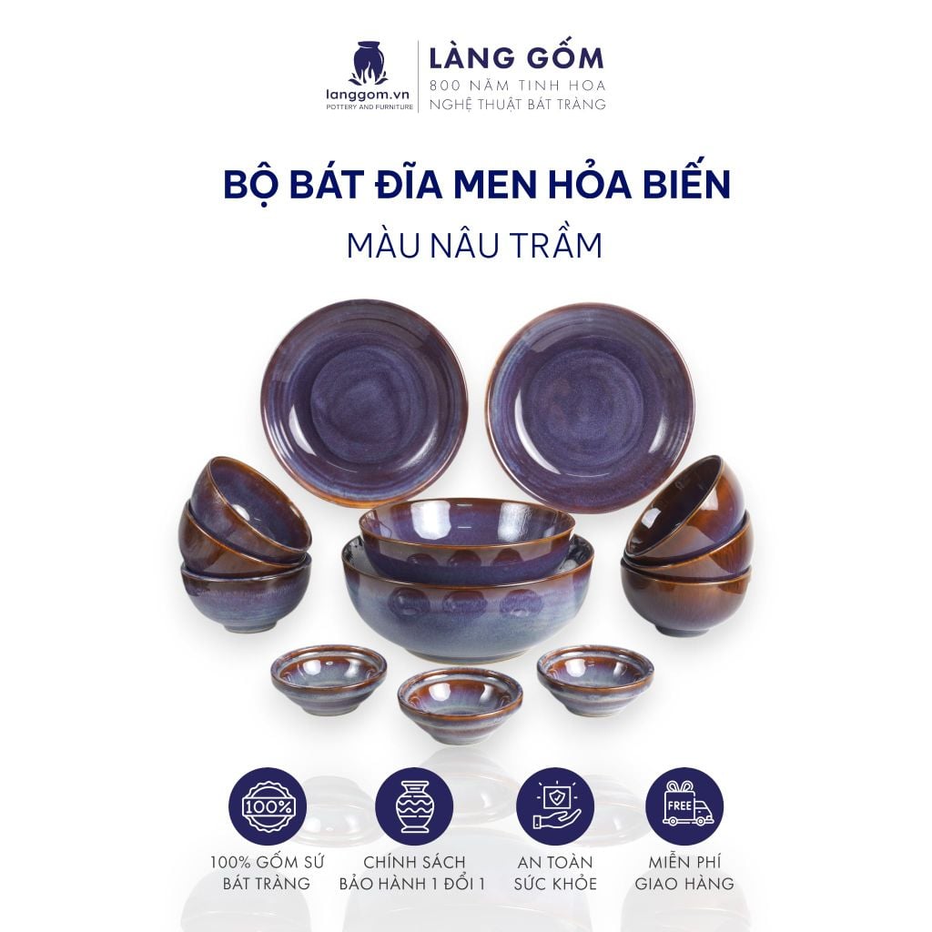  Bộ Bát Đĩa Men Hỏa Biến Nâu Trầm, Quà Tặng Bộ Bàn Ăn Gia Đình Cao Cấp - Gốm Xuất Khẩu - Làng Gốm 