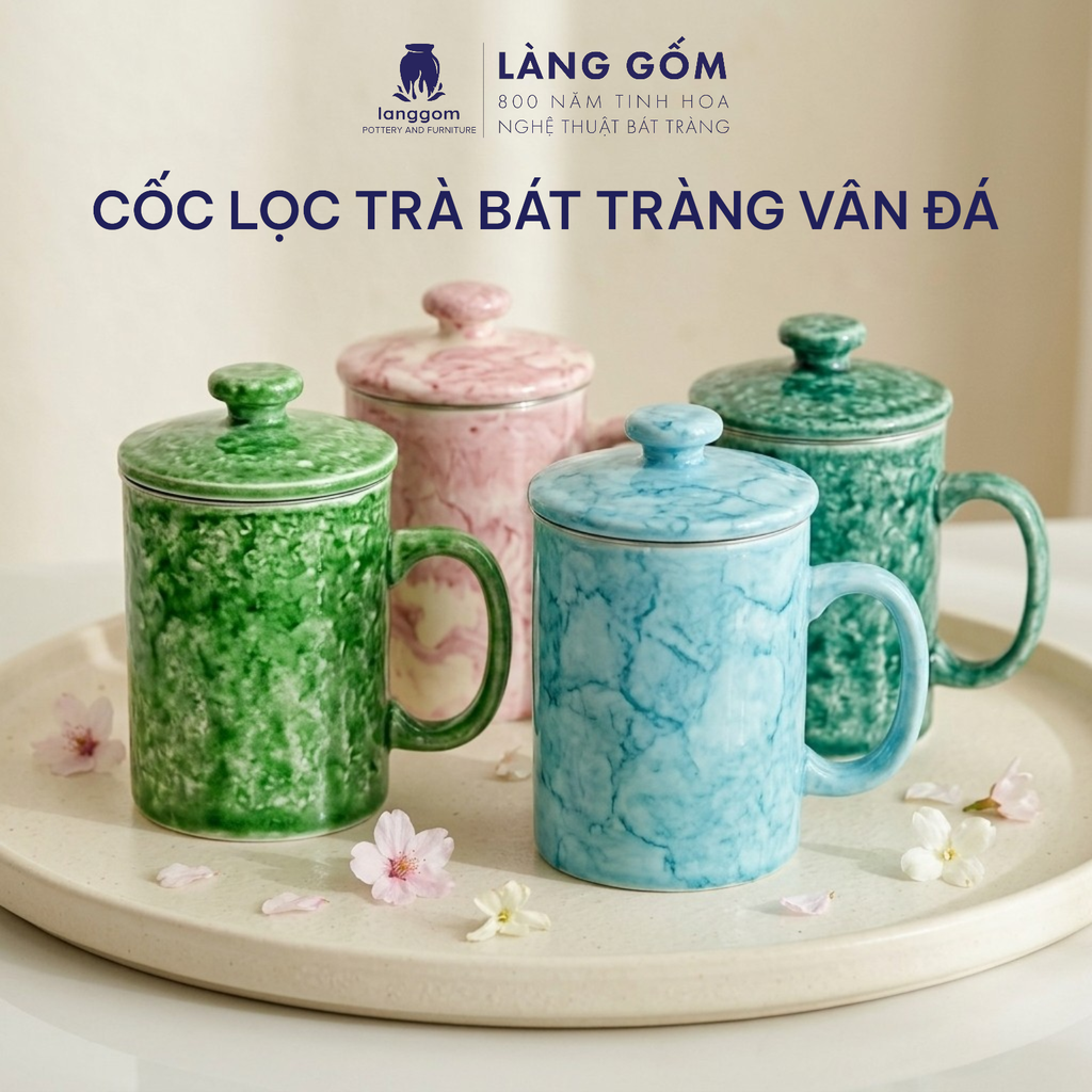  Cốc gốm sứ vân đá tay cầm chữ C có lõi lọc trà, dung tích 350ml 