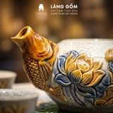  Bộ Ấm Chén Trà Thờ Cúng Men Rạn Đắp Nổi Hoa Sen Cá Chép, Bộ Ấm Chén Thờ Cúng Kèm Khay Tròn - Gốm Sứ Bát Tràng - Làng Gốm 