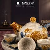  Bộ Ấm Chén Trà Thờ Cúng Men Rạn Đắp Nổi Hoa Sen Cá Chép, Bộ Ấm Chén Thờ Cúng Kèm Khay Tròn - Gốm Sứ Bát Tràng - Làng Gốm 