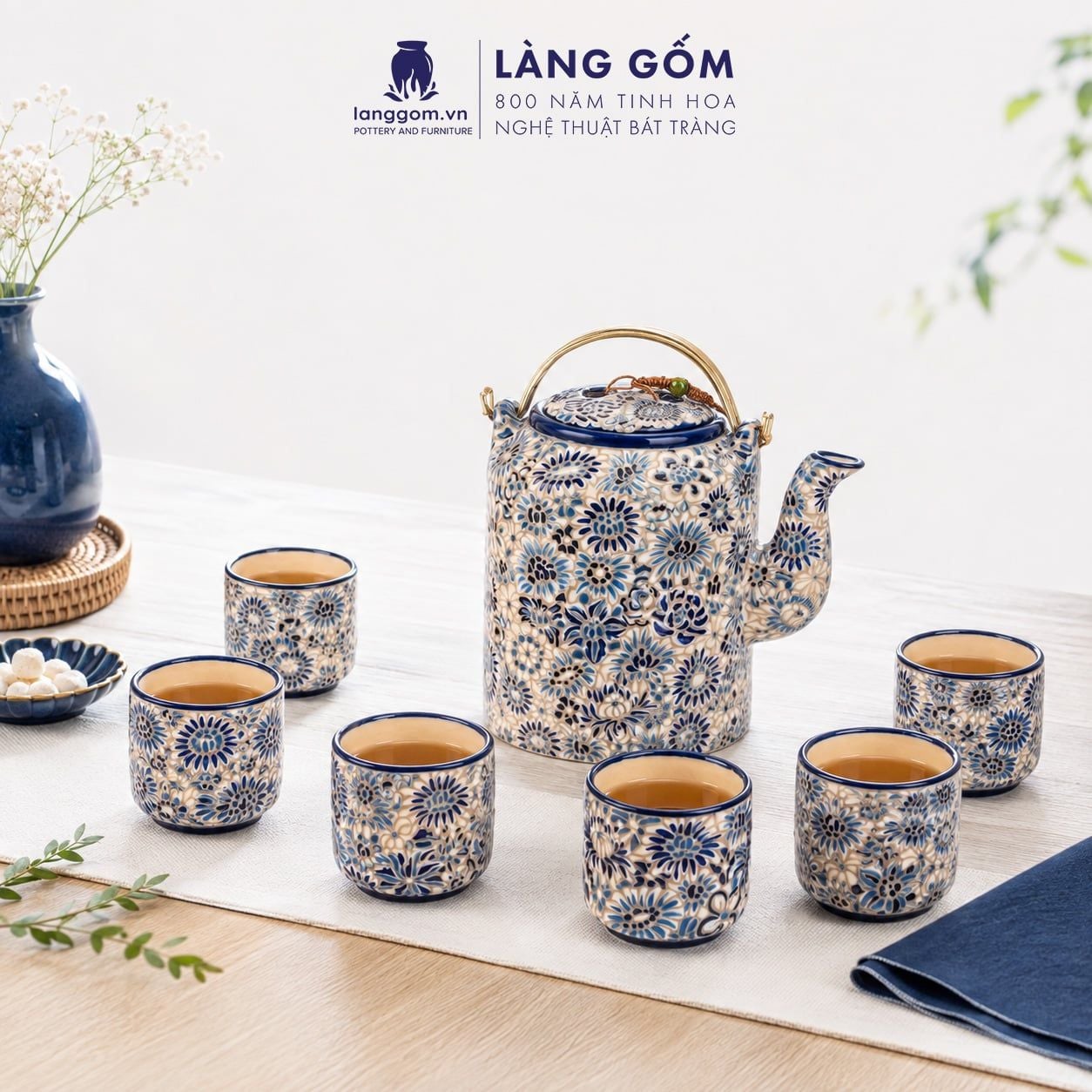  Bộ Ấm Trà Ấm Tích Bách Hoa 2L Men Thanh Lam Khắc Nổi Thủ Công 