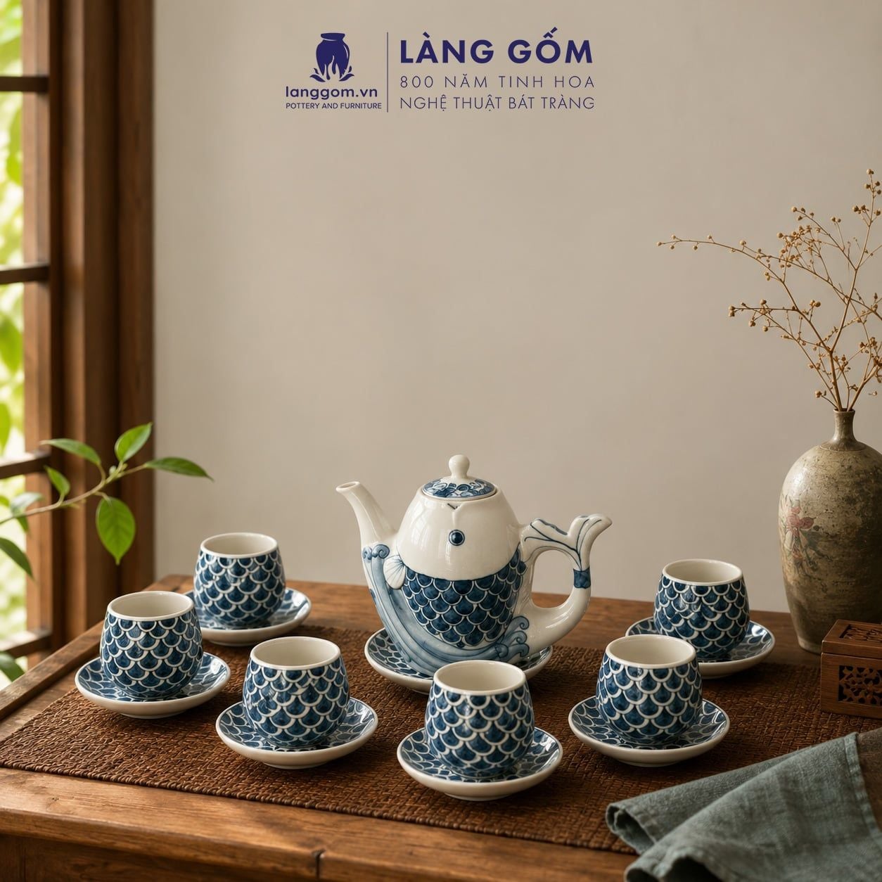  Bộ Ấm Trà Bát Tràng Quai Sứ Cá Chép Vẽ Tay Thủ Công Cao Cấp (900ml) 