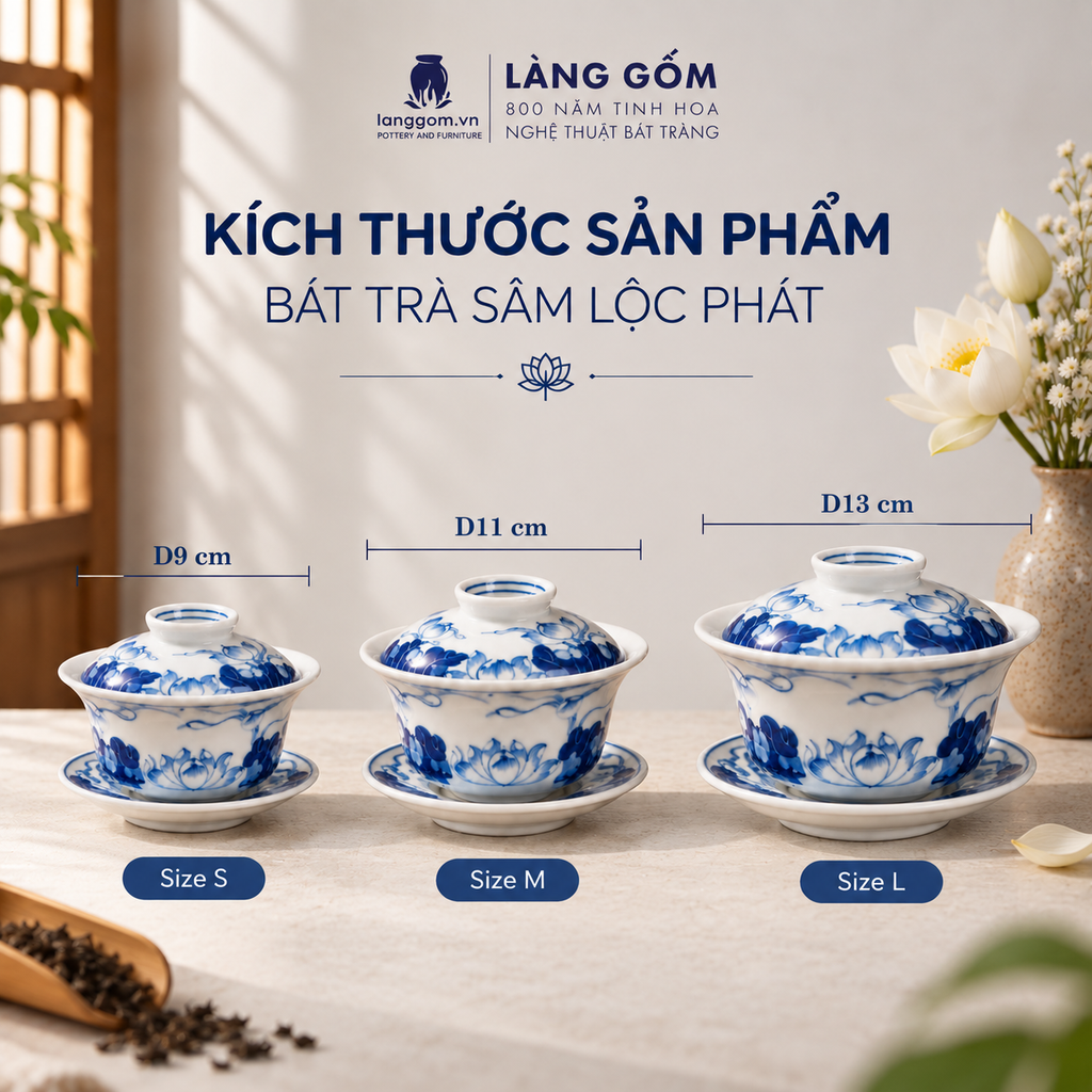  Bát Trà Sâm Lộc Phát Men Lam Vẽ Tay Hoa Sen – Gốm Sứ Bát Tràng 