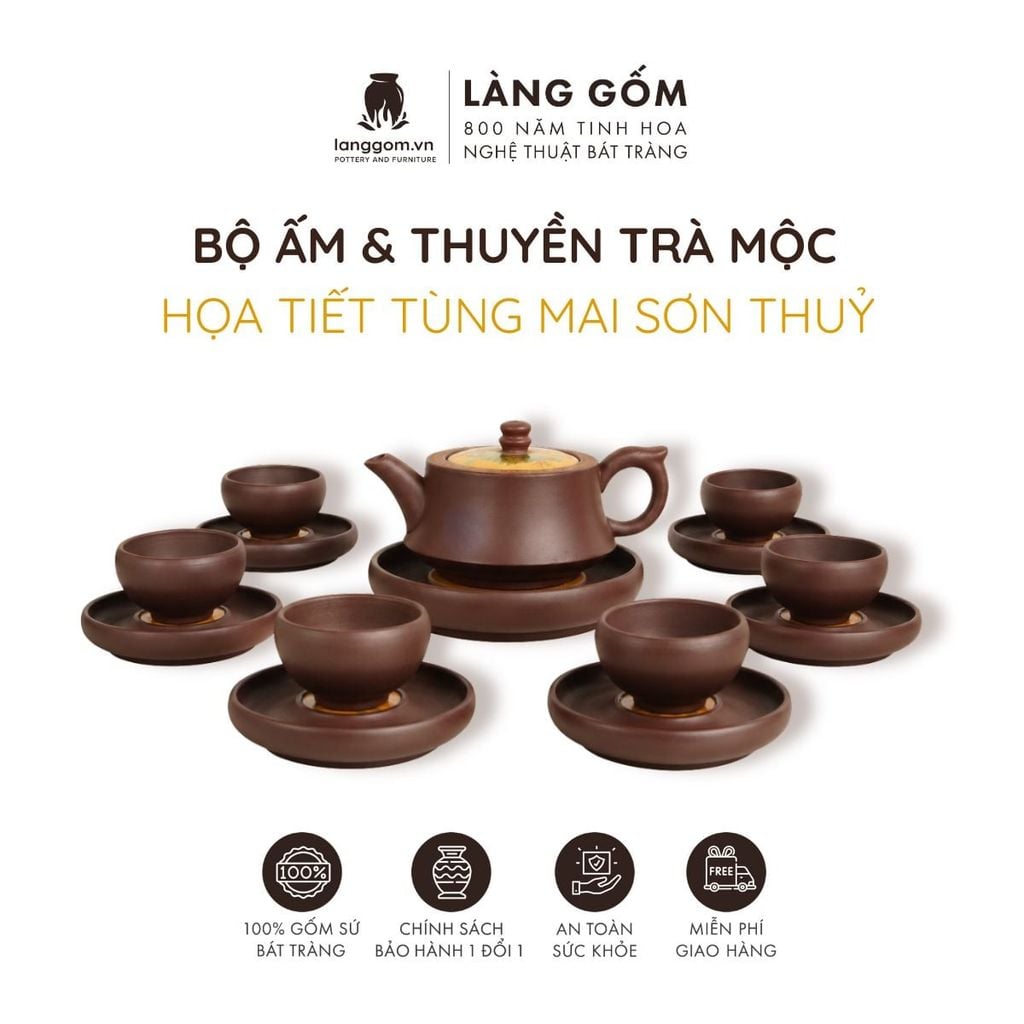  Bộ ấm trà gốm mộc đất nung kèm thuyền trà - Bộ ấm tử sa pha trà - Quà tặng cao cấp - Gốm sứ Bát Tràng 
