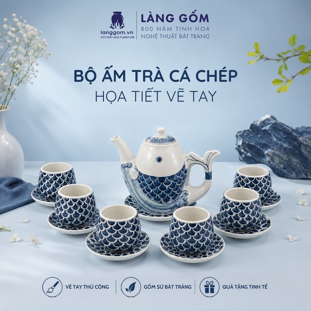  Bộ Ấm Trà Bát Tràng Quai Sứ Cá Chép Vẽ Tay Thủ Công Cao Cấp (900ml) 