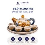  Bộ Ấm Chén Trà Thờ Cúng Men Rạn Đắp Nổi Hoa Sen Cá Chép, Bộ Ấm Chén Thờ Cúng Kèm Khay Tròn - Gốm Sứ Bát Tràng - Làng Gốm 