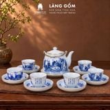  Bộ Ấm Trà Bát Tràng Men Lam Họa Tiết Sơn Thủy, Bộ Ấm Chén Uống Trà, Tiếp Khách, Quà Tặng - Gốm sứ Bát Tràng - Làng Gốm 