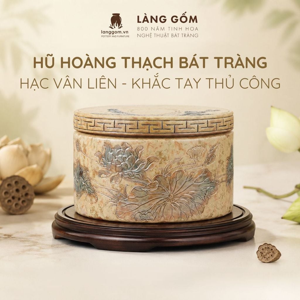  Hũ Gốm Bát Tràng Men Thạch Hoàng Họa Tiết Hạc Vân Liên Khắc Tay Thủ Công, Quà Tặng Cao Cấp - Gốm Bát Tràng - Làng Gốm 