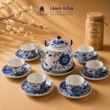  Bộ ấm chén gốm sứ Bát Tràng men lam bách hoa thủ công dáng trụ quai đồng - Quà tặng sang trọng ý nghĩa - Làng Gốm 