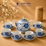  Bộ ấm chén men lam bách hoa thủ công gốm sứ Bát Tràng cao cấp - Bộ ấm trà men lam làm quà tặng sang trọng - Làng Gốm 