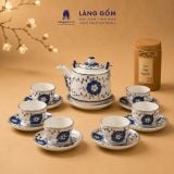  Bộ ấm chén gốm sứ Bát Tràng men lam bách hoa thủ công dáng trụ quai đồng - Quà tặng sang trọng ý nghĩa - Làng Gốm 