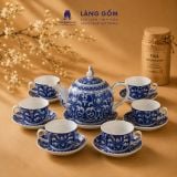  Bộ ấm chén men lam bách hoa thủ công gốm sứ Bát Tràng cao cấp - Bộ ấm trà men lam làm quà tặng sang trọng - Làng Gốm 