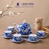  Bộ ấm chén men lam bách hoa thủ công gốm sứ Bát Tràng cao cấp - Bộ ấm trà men lam làm quà tặng sang trọng - Làng Gốm 
