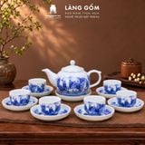  Bộ Ấm Trà Bát Tràng Men Lam Họa Tiết Sơn Thủy, Bộ Ấm Chén Uống Trà, Tiếp Khách, Quà Tặng - Gốm sứ Bát Tràng - Làng Gốm 