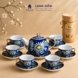  Bộ ấm chén men lam bách hoa thủ công gốm sứ Bát Tràng cao cấp - Bộ ấm trà men lam làm quà tặng sang trọng - Làng Gốm 