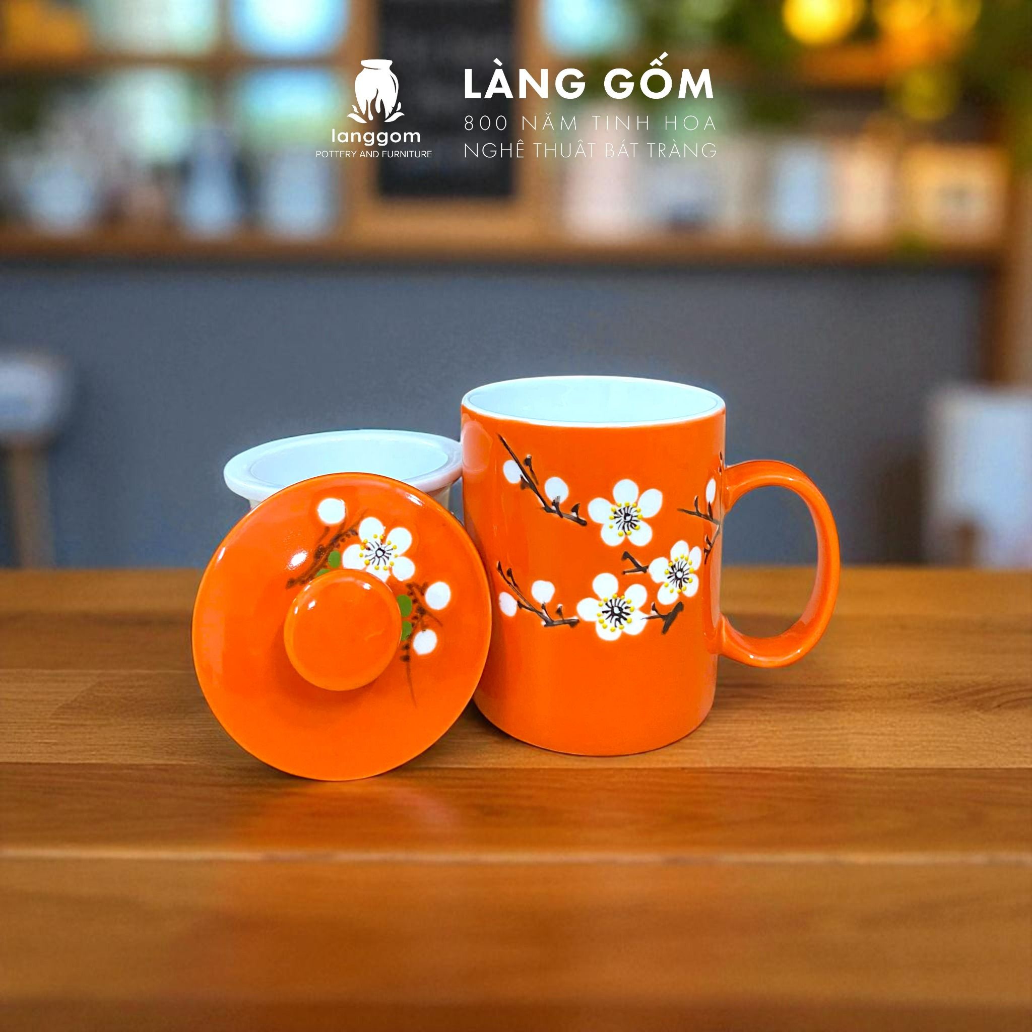  Cốc lọc trà vẽ nổi hoa đào trắng dung tích 330ml 