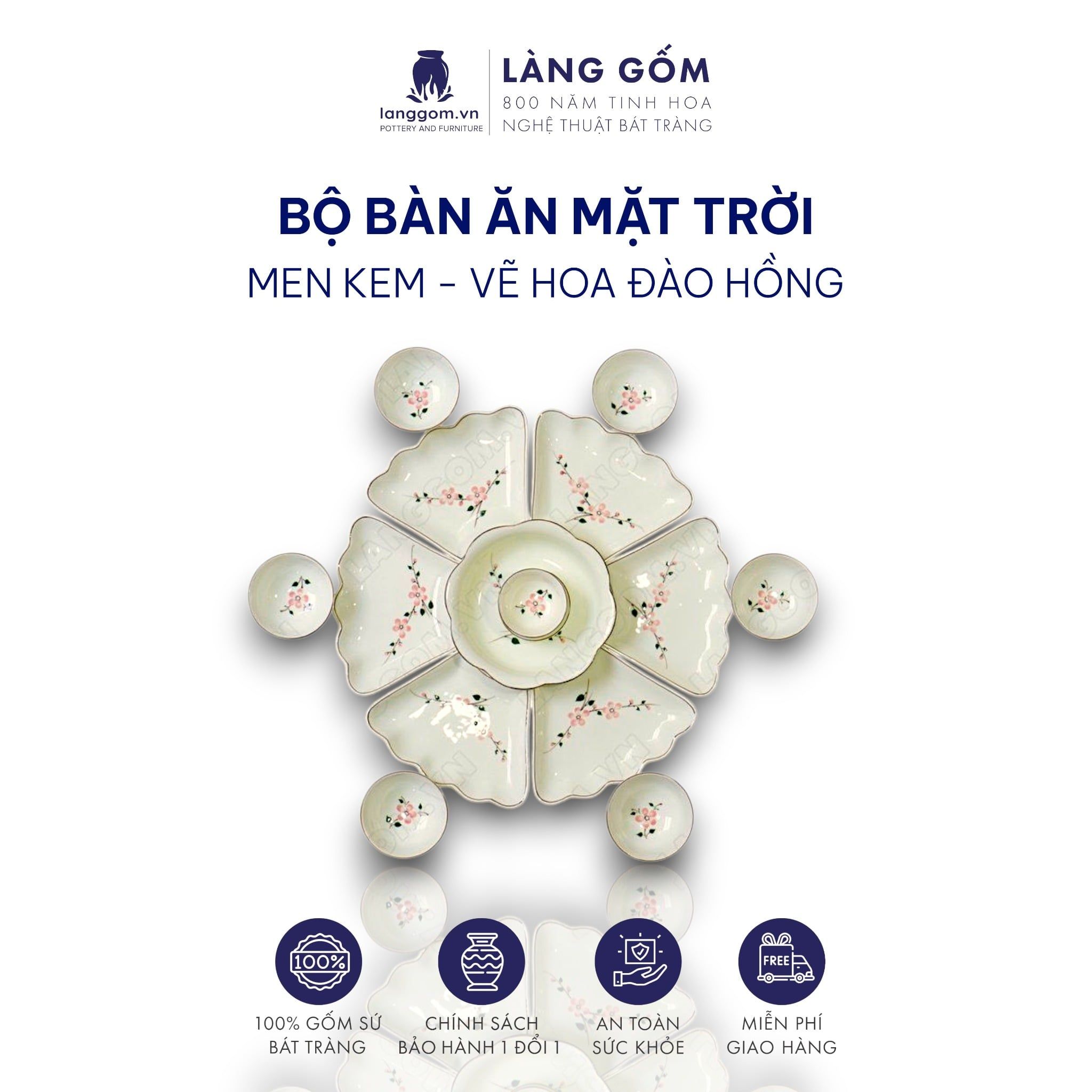  Bộ bát đĩa hoa mặt trời men kem vẽ hoa đào 