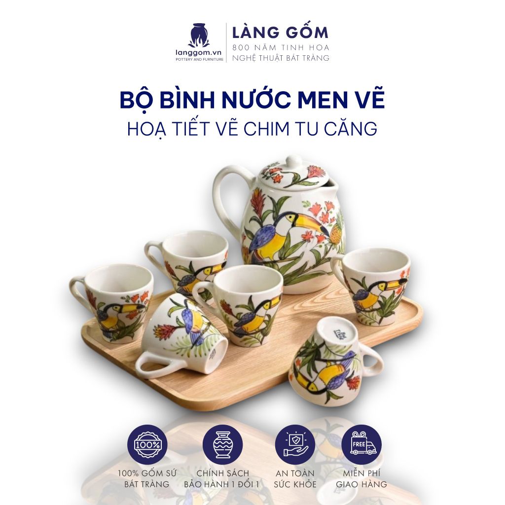  Bộ bình nước gốm sứ Bát Tràng cao cấp họa tiết vẽ tay 