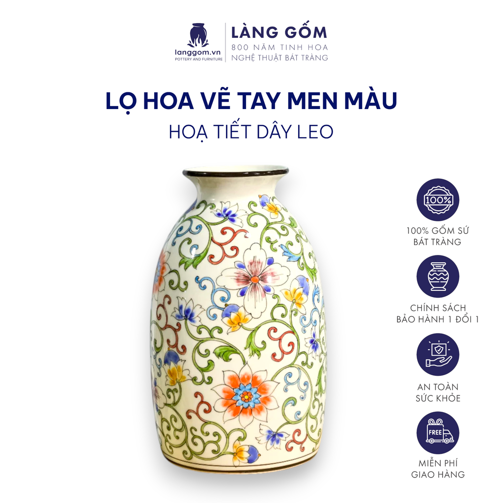  Bình hoa men màu họa tiết dây leo (TH) 