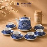  Bộ ấm chén gốm sứ Bát Tràng men lam bách hoa thủ công dáng trụ quai đồng - Quà tặng sang trọng ý nghĩa - Làng Gốm 
