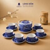  Bộ ấm chén Bát Tràng men lam bách hoa thủ công dáng Nguyệt viên - Quà tặng bộ trà cao cấp - Gốm sứ Bát Tràng - Làng Gốm 
