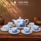  Bộ Ấm Trà Bát Tràng Men Lam Họa Tiết Sơn Thủy, Bộ Ấm Chén Uống Trà, Tiếp Khách, Quà Tặng - Gốm sứ Bát Tràng - Làng Gốm 