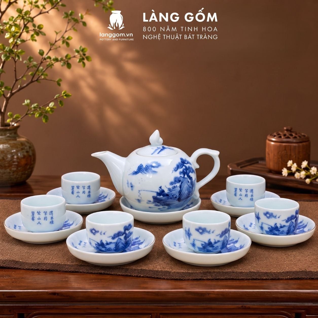  Bộ Ấm Trà Bát Tràng Men Lam Họa Tiết Sơn Thủy, Bộ Ấm Chén Uống Trà, Tiếp Khách, Quà Tặng - Gốm sứ Bát Tràng - Làng Gốm 