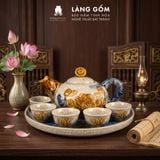  Bộ Ấm Chén Trà Thờ Cúng Men Rạn Đắp Nổi Hoa Sen Cá Chép, Bộ Ấm Chén Thờ Cúng Kèm Khay Tròn - Gốm Sứ Bát Tràng - Làng Gốm 