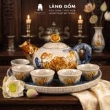  Bộ Ấm Chén Trà Thờ Cúng Men Rạn Đắp Nổi Hoa Sen Cá Chép, Bộ Ấm Chén Thờ Cúng Kèm Khay Tròn - Gốm Sứ Bát Tràng - Làng Gốm 