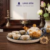  Bộ Ấm Chén Trà Thờ Cúng Men Rạn Đắp Nổi Hoa Sen Cá Chép, Bộ Ấm Chén Thờ Cúng Kèm Khay Tròn - Gốm Sứ Bát Tràng - Làng Gốm 