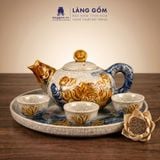  Bộ Ấm Chén Trà Thờ Cúng Men Rạn Đắp Nổi Hoa Sen Cá Chép, Bộ Ấm Chén Thờ Cúng Kèm Khay Tròn - Gốm Sứ Bát Tràng - Làng Gốm 