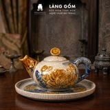  Bộ Ấm Chén Trà Thờ Cúng Men Rạn Đắp Nổi Hoa Sen Cá Chép, Bộ Ấm Chén Thờ Cúng Kèm Khay Tròn - Gốm Sứ Bát Tràng - Làng Gốm 