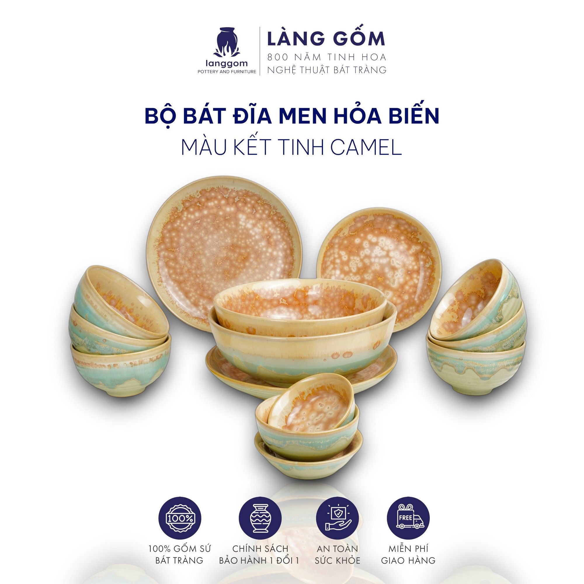  Bộ bàn ăn men hoả biến 14 món - Màu KT camel V3 