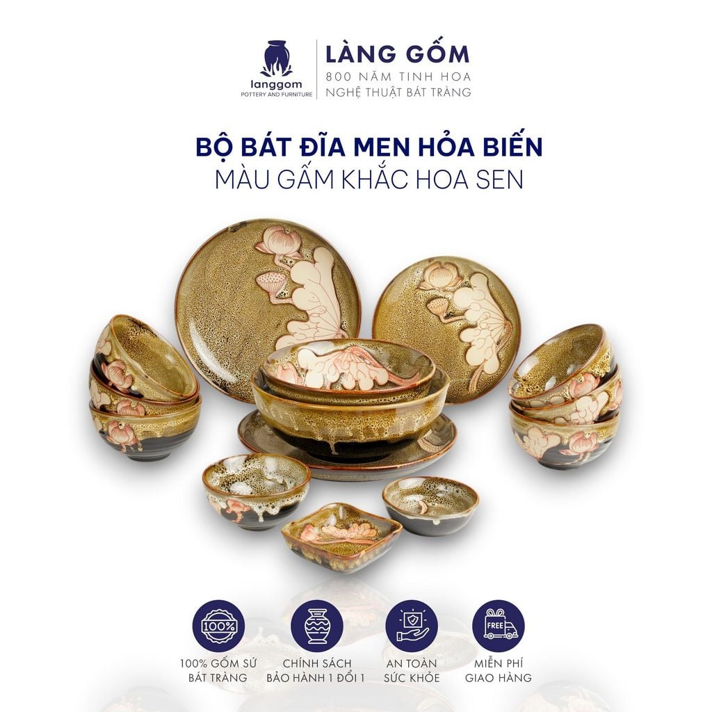  Bộ bàn ăn men hoả biến - Màu gấm vàng khắc sen 