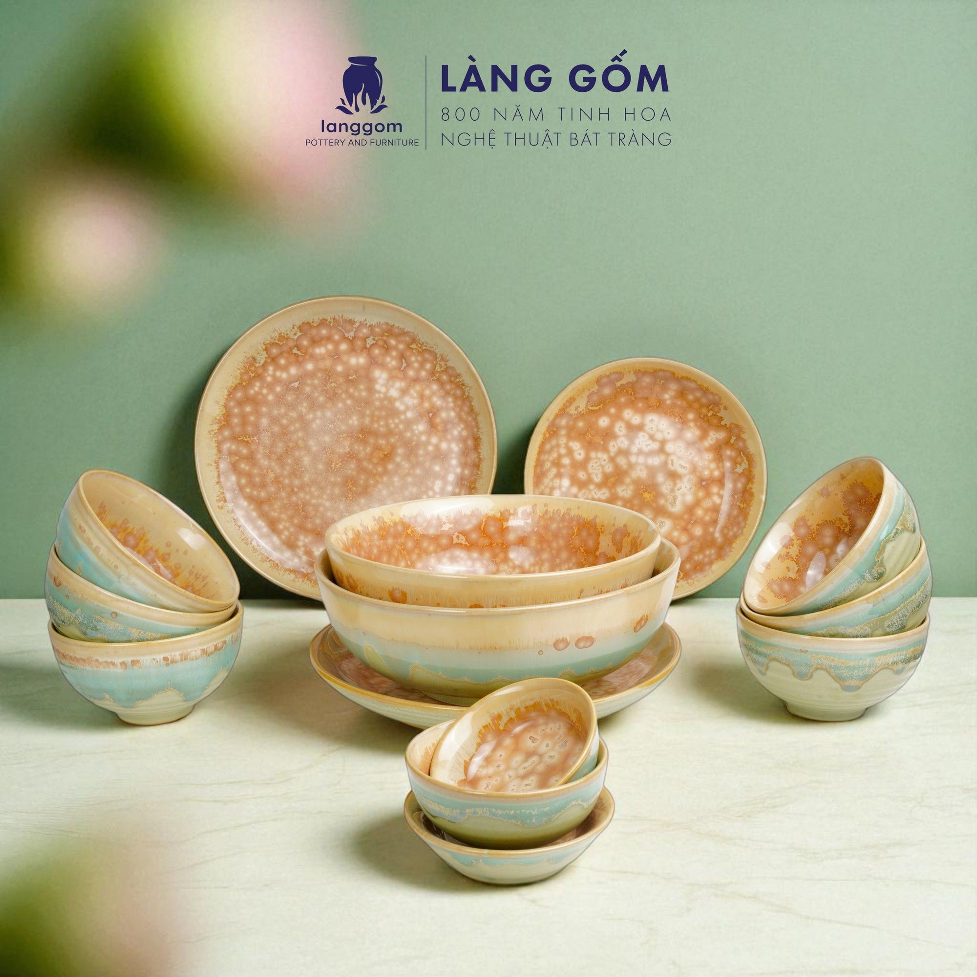  Bộ bàn ăn men hoả biến 14 món - Màu KT camel V3 