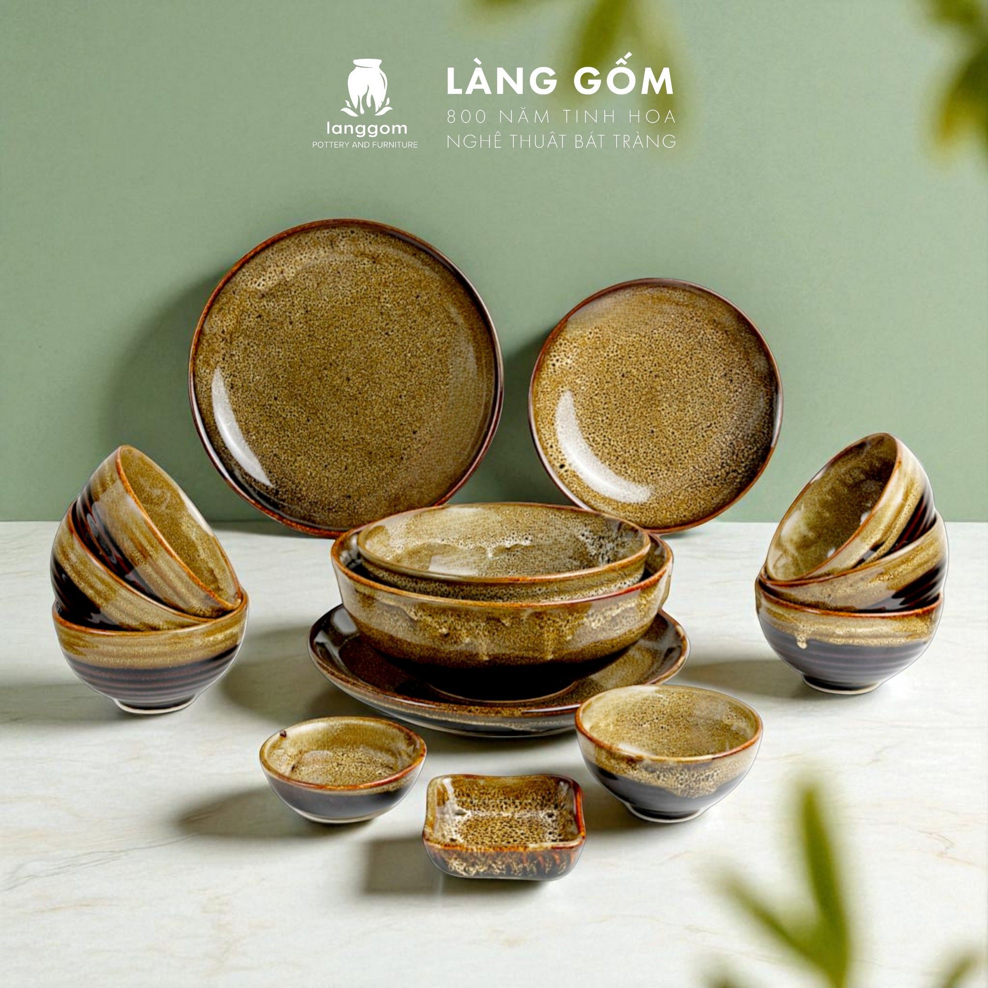  Bộ bàn ăn men hỏa biến 14 món - Màu gấm vàng 