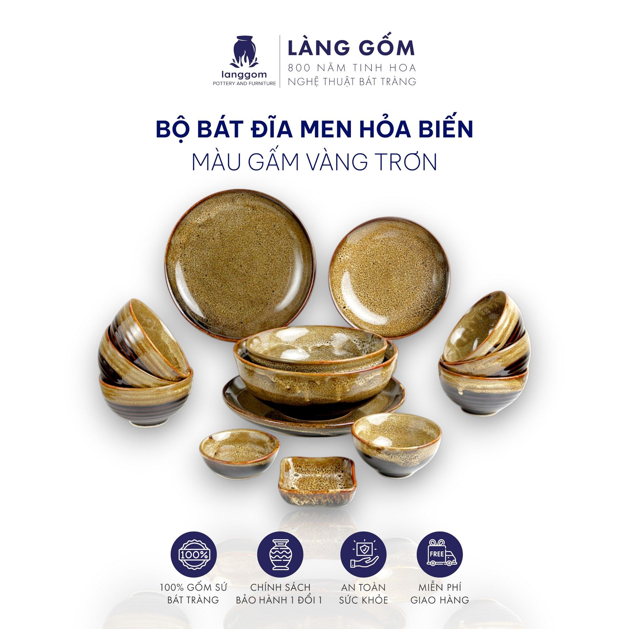  Bộ bàn ăn men hỏa biến 14 món - Màu gấm vàng 