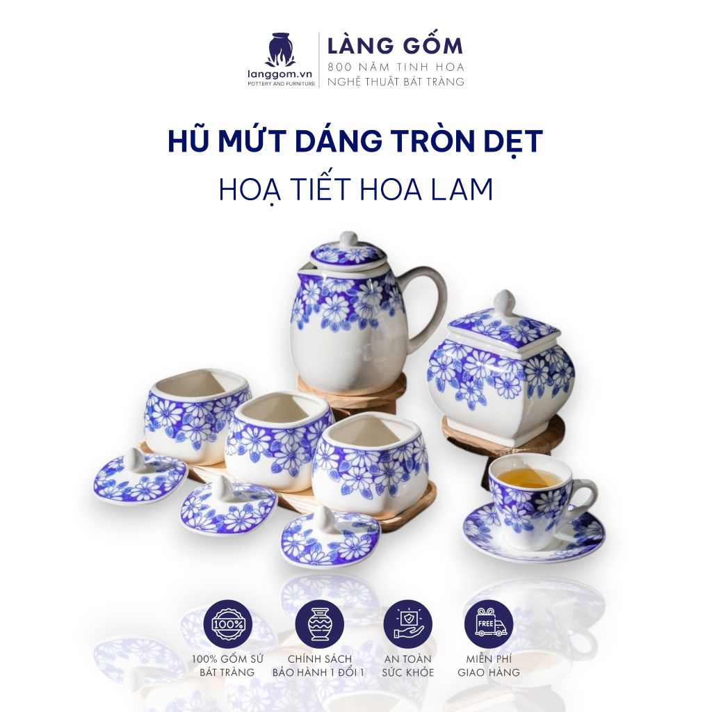  Hũ mứt sứ họa tiết vẽ tay thủ công dáng tròn dẹt 