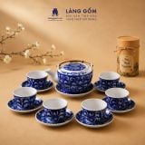  Bộ ấm chén Bát Tràng men lam bách hoa thủ công dáng Nguyệt viên - Quà tặng bộ trà cao cấp - Gốm sứ Bát Tràng - Làng Gốm 