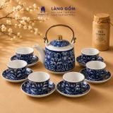  Bộ ấm chén gốm sứ Bát Tràng men lam bách hoa thủ công dáng trụ quai đồng - Quà tặng sang trọng ý nghĩa - Làng Gốm 