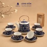  Bộ ấm chén gốm sứ Bát Tràng men lam bách hoa thủ công dáng trụ quai đồng - Quà tặng sang trọng ý nghĩa - Làng Gốm 