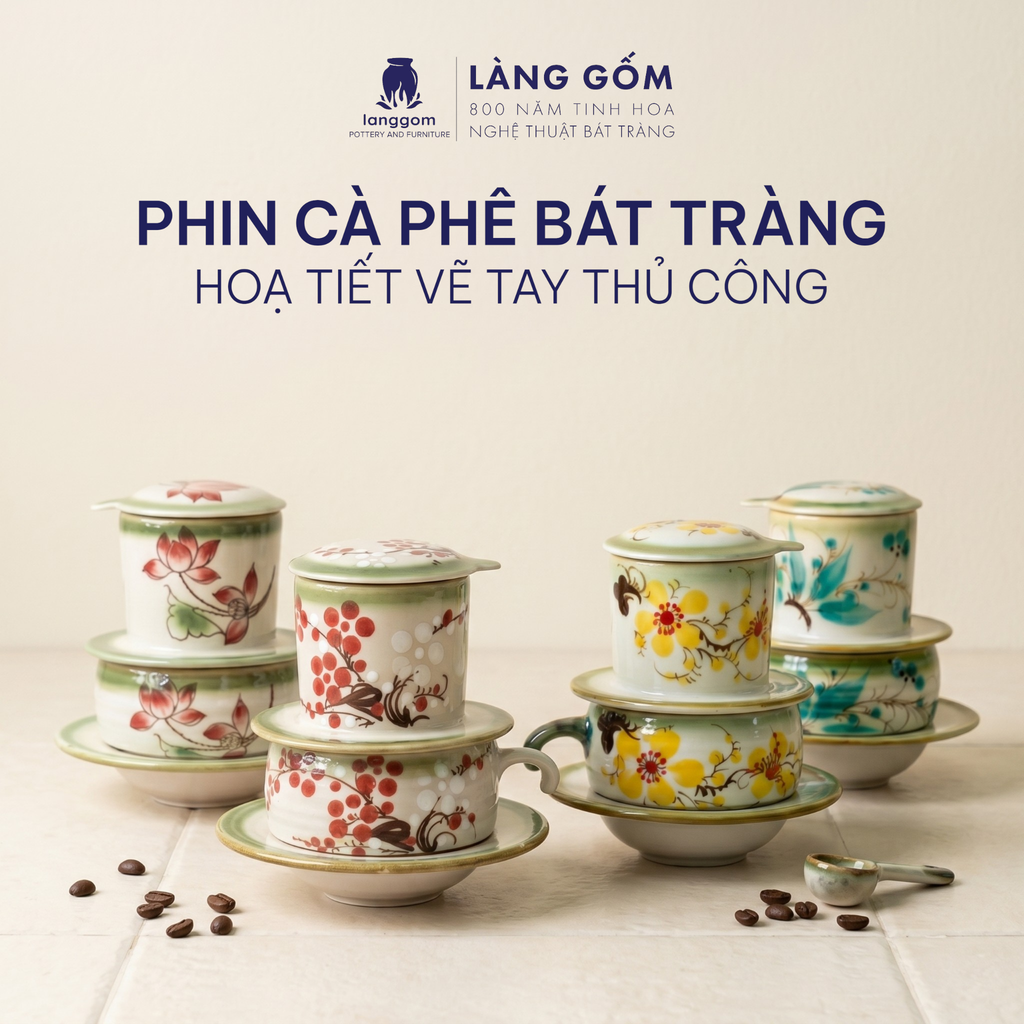  Phin pha cafe gốm sứ Bát Tràng vẽ tay, nhiều họa tiết, màu sắc 