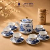  Bộ ấm chén gốm sứ Bát Tràng men lam bách hoa thủ công dáng trụ quai đồng - Quà tặng sang trọng ý nghĩa - Làng Gốm 