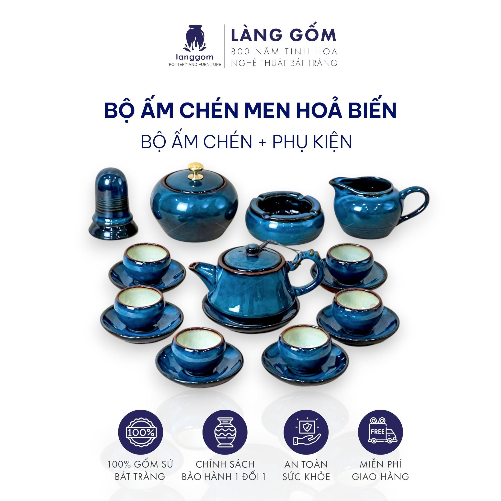  Bộ ấm chén men hỏa biến dáng quai trúc 