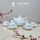  Bộ ấm chén Bưởi lửa màu vân đá vẽ đào trắng, đài sen - Gốm sứ Bát Tràng cao cấp 