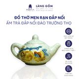  Bộ ấm chén trà thờ cúng men rạn đắp nổi hoa sen kèm khay tròn 