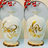  Bình hút lộc dáng cao men trắng vẽ vàng kim 