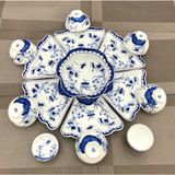  Bộ bát đĩa hoa mặt trời vẽ tay họa tiết sen chuồn men lam cổ 