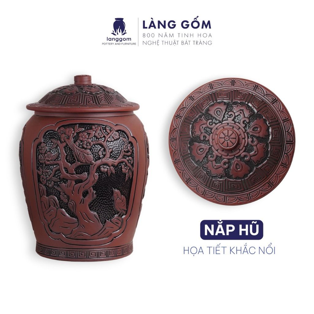  Hũ đựng gạo Bát Tràng khắc nổi Tam Hoa Thịnh Vượng 